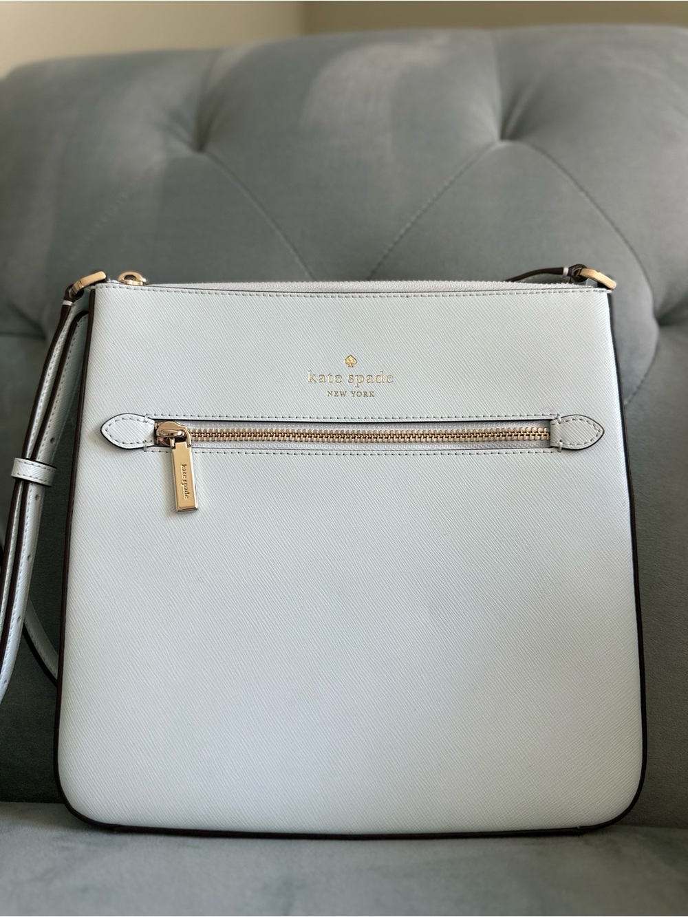 kate spade icy blue leather crossbody with gold hardware